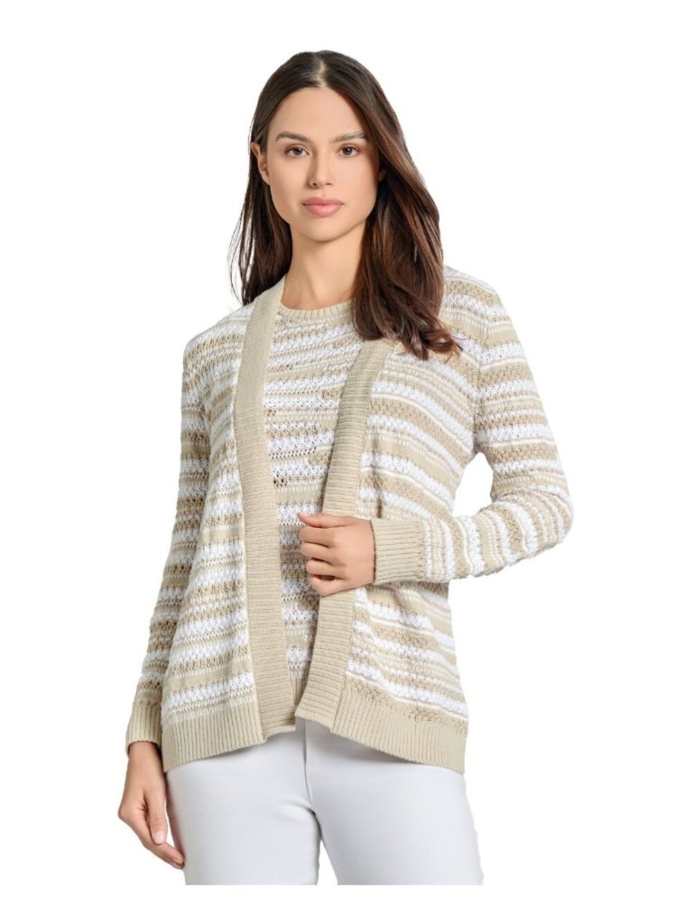 Jones New York Women Shawl collar Textured Open-Front Cardigan Beige Size M $100